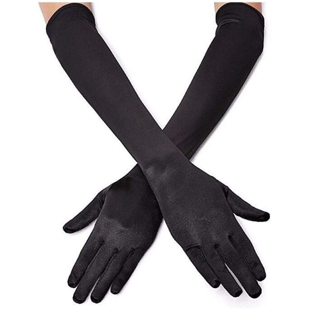 Women's Black Evening Long Satin Finger Gloves Halloween Wedding Party Prom